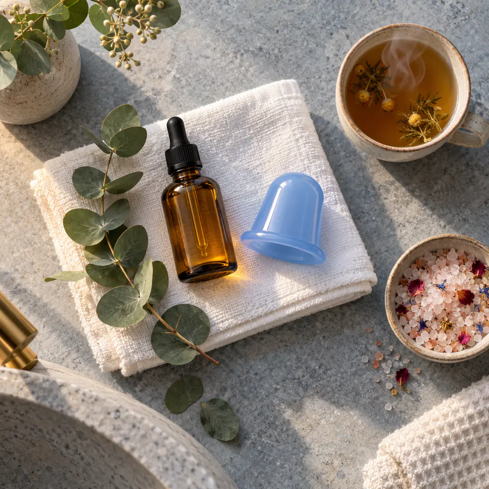 Rituel du soir : ventouse en silicone bleue, huile de soin, serviette en lin et tisane