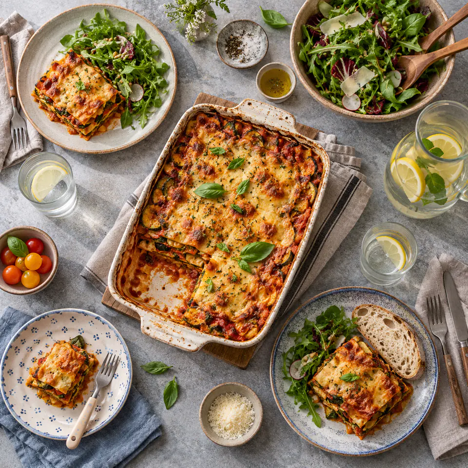 Dîner en famille vu de dessus, lasagnes de légumes et assiettes aux portions différentes